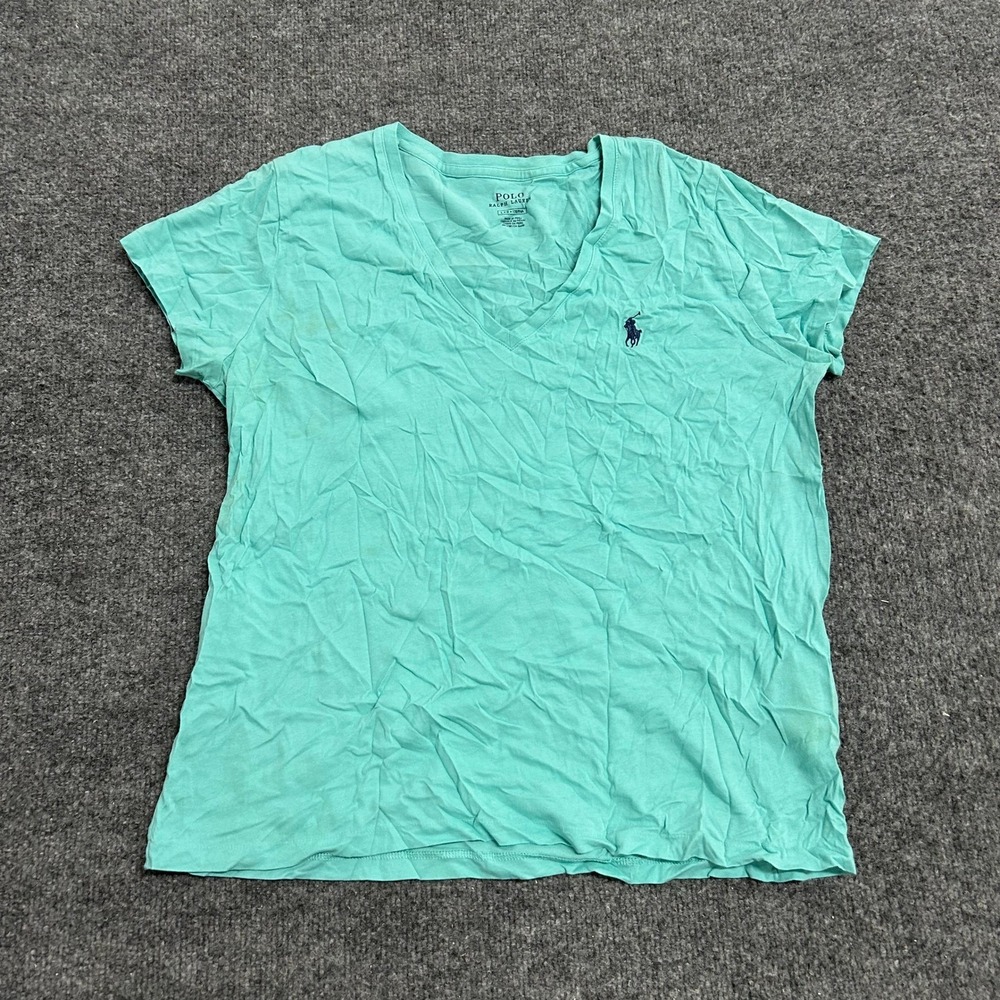 Polo Ralph Lauren T-Shirt Womens Size L Aqua Teal V-Neck Cotton Pony Logo Stains